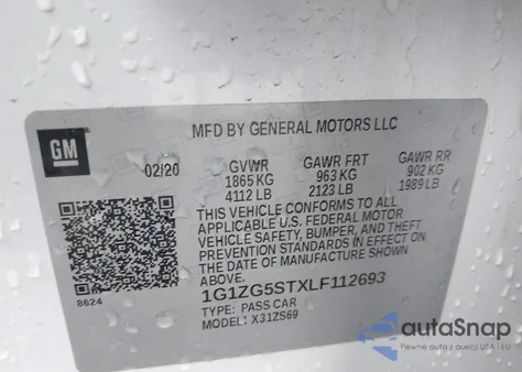 2020 Chevrolet Malibu Fwd Rs из США, поврежденный, VIN 1G1ZG5STXLF112693